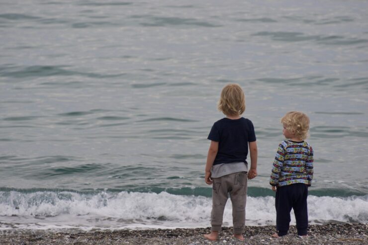 海を眺める子どもの兄弟