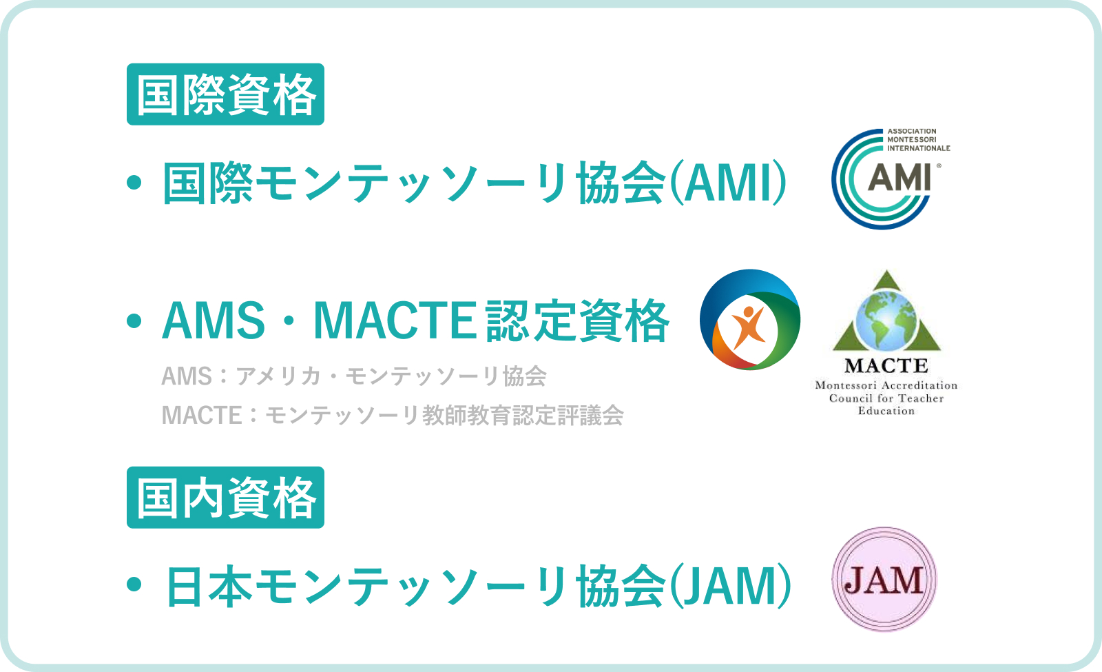 国際モンテッソーリ協会（AMI)、AMS・MACTEの認定資格、日本モンテッソーリ協会（JAM）